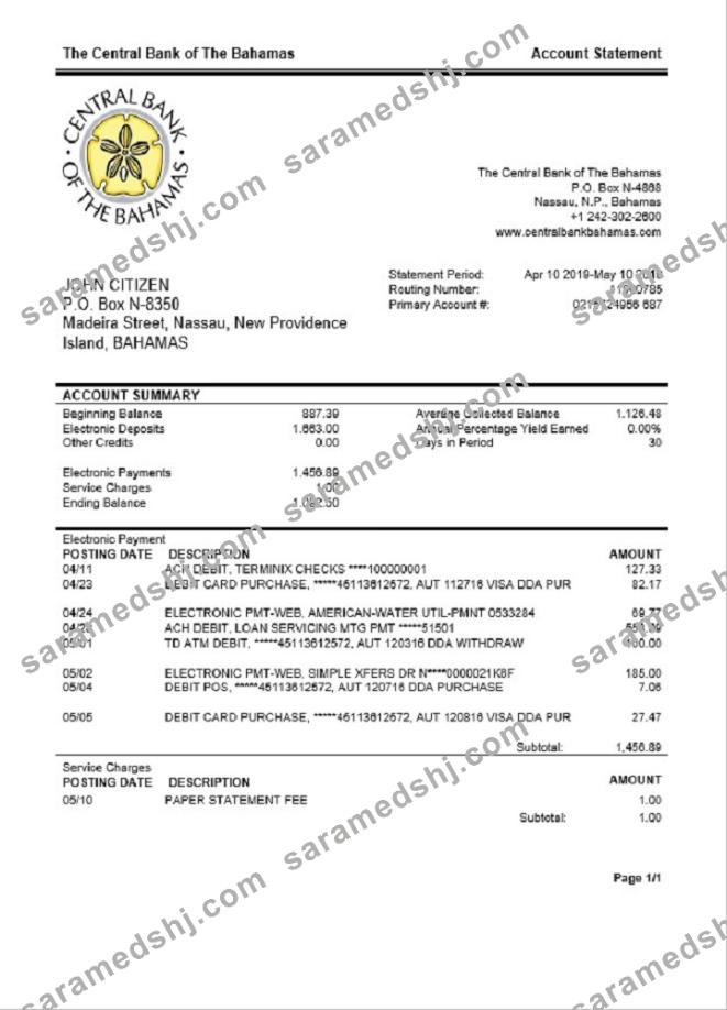 Bahamas The Central Bank of The Bahamas bank statement